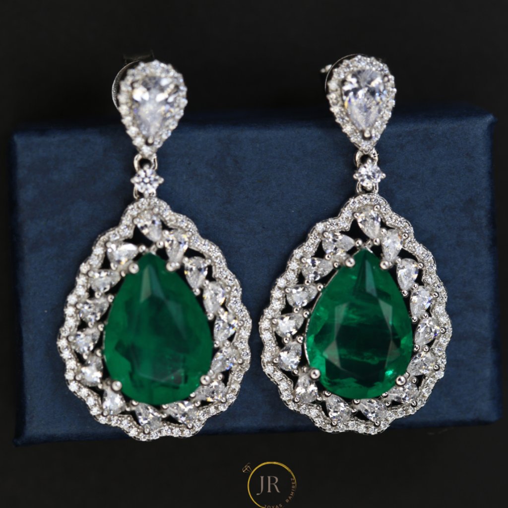 Teardrop Earrings With Emerald Green Cz And Clear Cz In Sterling Silver .925